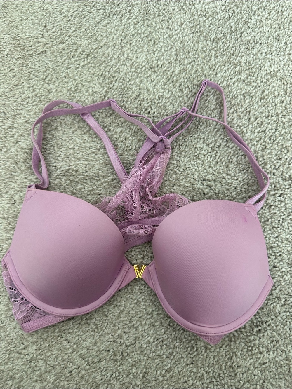 Victoria's Secret Mauve Lace-Back Padded Bra with Gold V